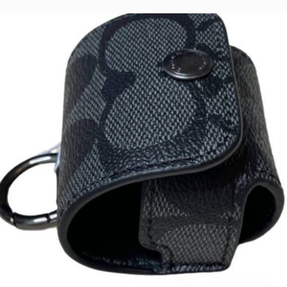 COACH Wireless Earbud Case |Gunmetal Charcoal Black Signature Canvas & Leather - Picture 4 of 14
